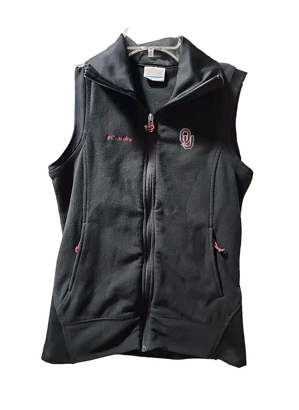 OU Oklahoma Sooners Columbia Vest Black Pockets Full Zip Fleece Womens Size Med